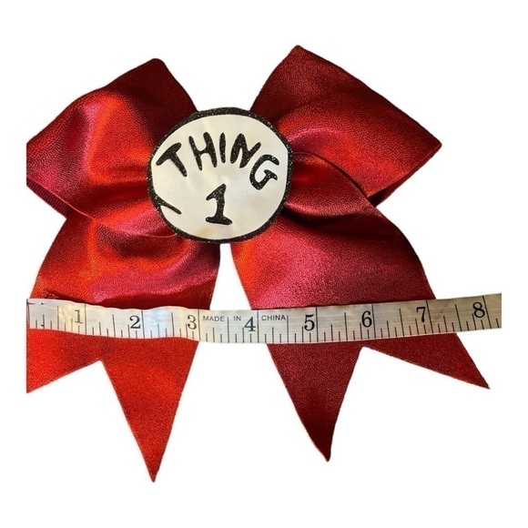 THING 1 DR SEUSS CHEER BOW Red Glitter Hair Tie Rubber Band Metallic Girl Women - Picture 4 of 6